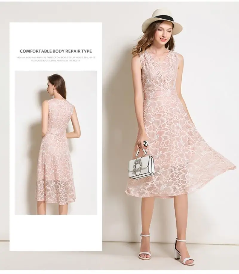 2018 Summer Lace Dress Work Casual Slim Work Women Party Dresses V-neck Sexy Hollow Out A-line Vintage Vestidos