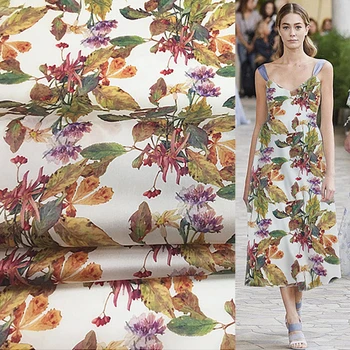 

Autumn flower and leaves print silk organza fabric crisp fabric for dress 12momme 53" width by yard,SOZ075