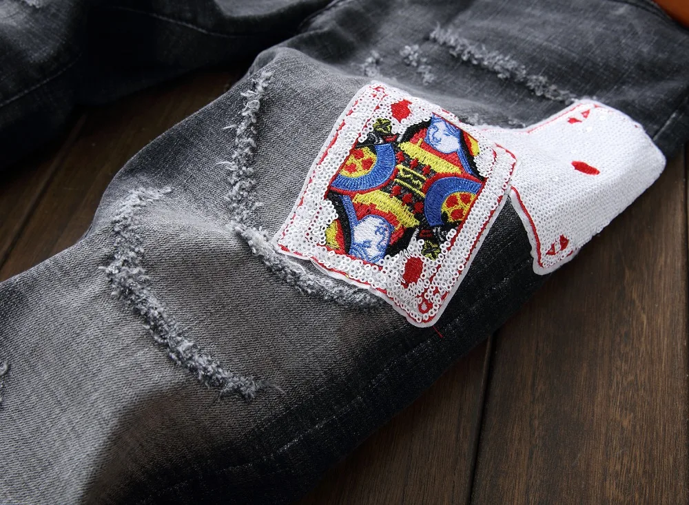 2018 New Europeans Style Men Patchworks Hole Jeans Vintage Stonewashed Decor Poker Man Special Street Club Amazing Slim Jean