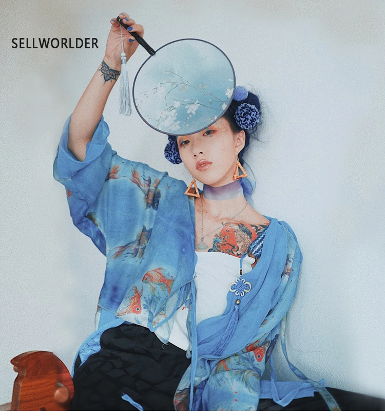 

2018 Loose Japan Style Lady's Blue Goldfish Print Vintage Sun Protection Shirt Women Coat