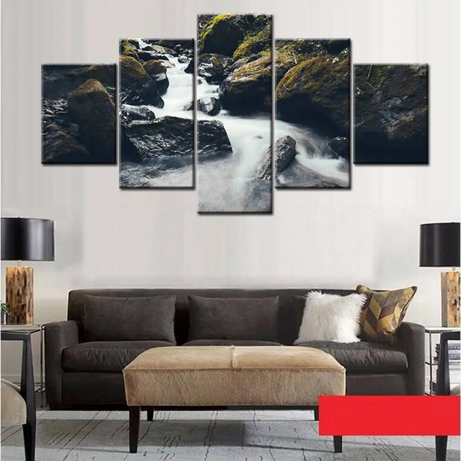 Kopen Landschap en Zeegezicht Mountain Rivieren Steen Fog Kunstwerk 5 stks set Wall Art voor Office Woondecoratie Mode Housewarming Gift