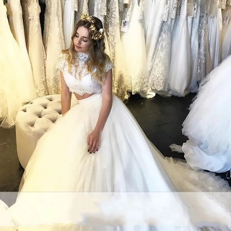 2017 Элегантный Половина Рукава Высокого Шеи Тюль Свадебные Платья Weding свадебное