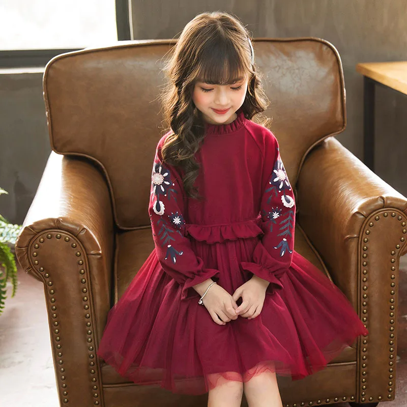 

New Girl Dress for Spring Autumn Children's Clothes Hoodies with Lace Dress Design Solid Color Floral Print Party Princess Dress