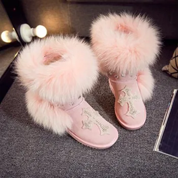 

Fashion style big nature fox fur girls tall snow boots for women botas genuine leather winter shoes high boot high quality