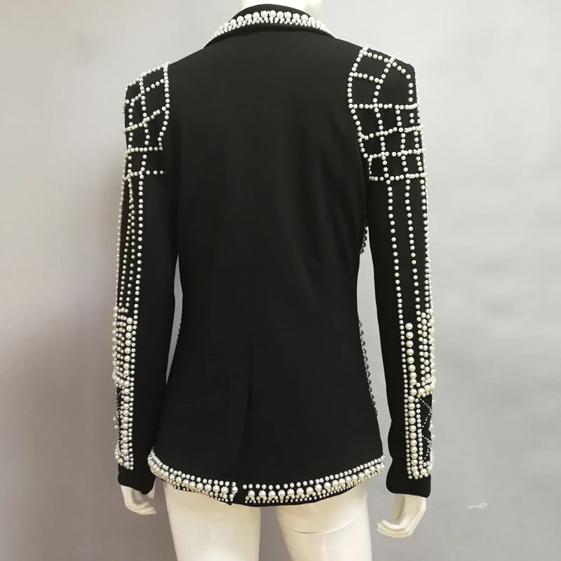 High Quality Handmade Beading Blazers Ladies New Elegant Solid Notched Collar Luxurious Chic Party Pearl Outerwear Suit Jackets