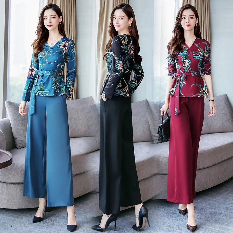 

Autumn Chiffon 2 Piece Set Women Wide Leg Trousers Suit Set Prints Casual Year-old Female Costume Office Lady Conjunto Feminino