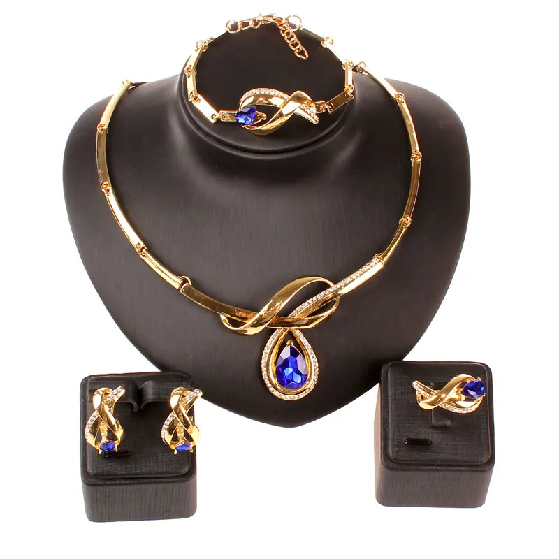 Африканский бисер, хорошее ювелирное изделие, золотой цвет, шампань, прозрачный австрийский кристалл, женское свадебное ожерелье, браслет, серьги, кольцо - Окраска металла: Blue