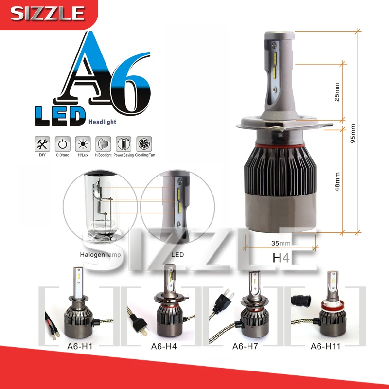 A6 H1 H4 H7 H11 2 PCS LED COB Headlight Bulbs Lighting Conversion Kit