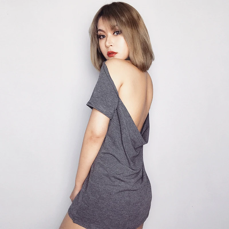 

2019 Summer New Style European and American Street Sexy Hollow Backless Short-sleeved Round Neck Wild Color Loose Female T-shirt
