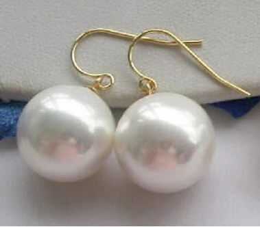 

hj 00509 HUGE 16MM WHITE ROUND AAA++ SOUTH SEA SHELL PEARL DANGLE EARRING 14K