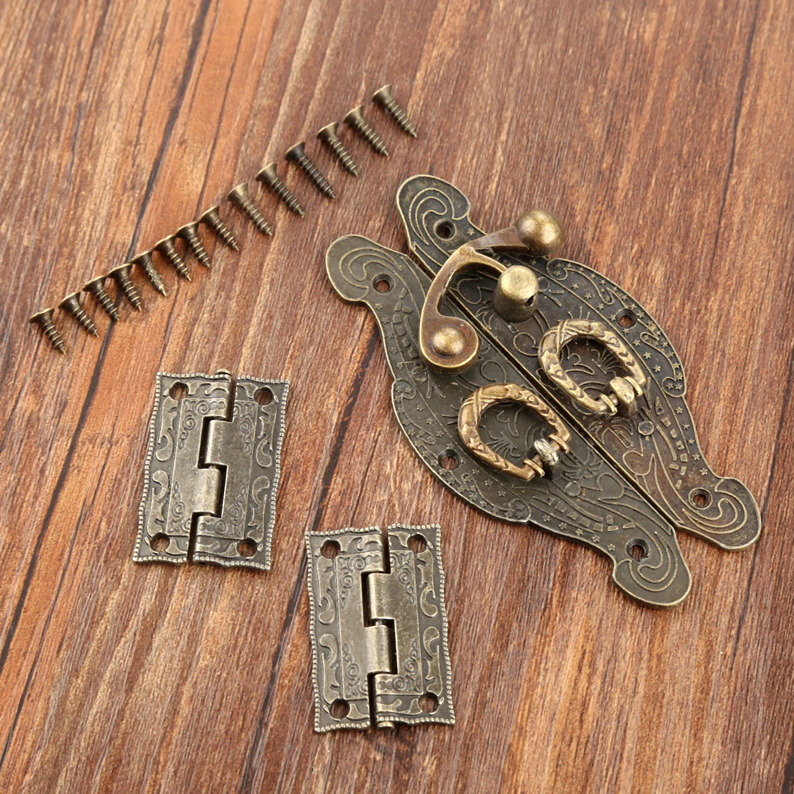2Pcs Antique Bronze Cabinet Hinges +Jewelry Wooden Box Case Toggle Hasp Latch Furniture Accessories Vintage Hardware