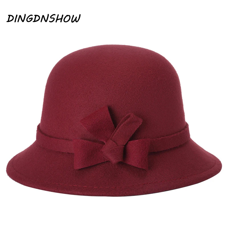 

[DINGDNSHOW] New Fedora Hat Wool Adult Winter Cap Bowler Derby Floppy Felt Hat Bowknot Lady Warm Women 2019