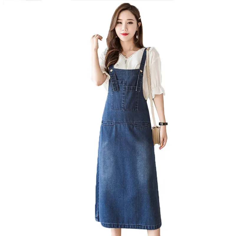 

2019 Autumn Summer Women Strap Denim Dress Sundress Overalls Long Dress Vintage Blue Female Jeans Dresses Plus Size 5XL154