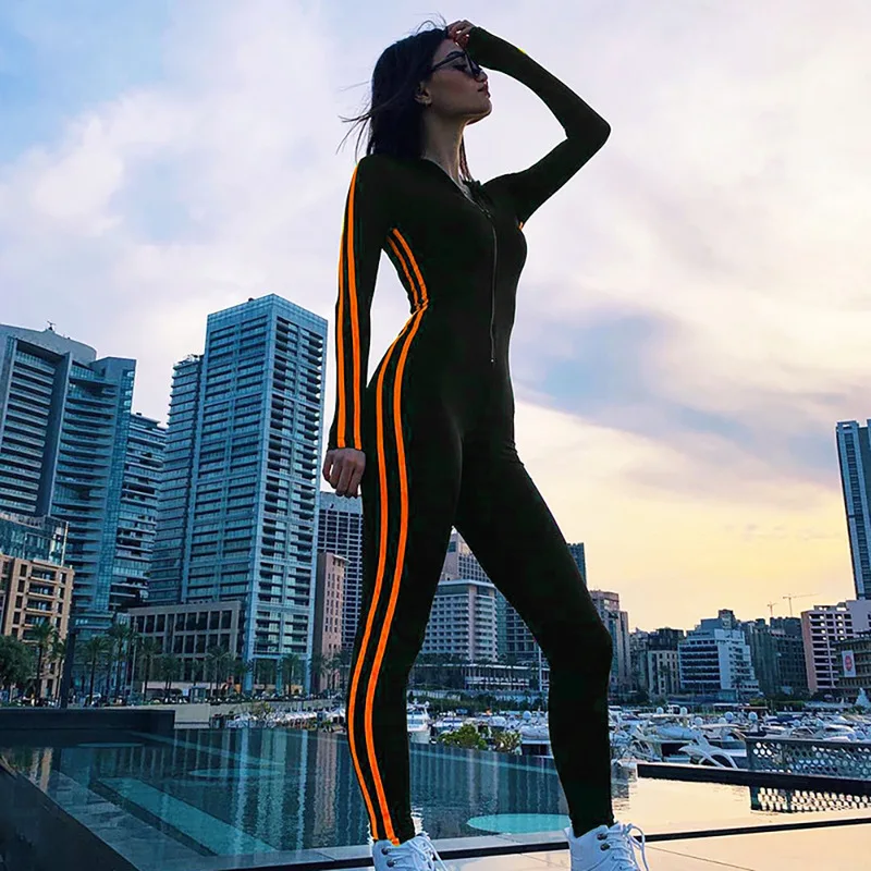 Side Striped Fitness Rompers Womens Jumpsuit Sporty Long Sleeve Active Wear Black Sexy Autumn Winter Jumpsuits Long
