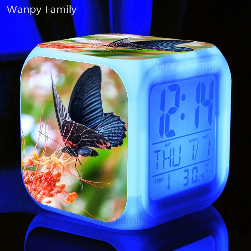 Цветы бабочки Будильник 7 цветов светодиодный светящийся цифровой сигнализации Часы для детской комнаты Desktop многофункциональный Flash Watche часы - Цвет: Шоколад