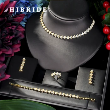 

HIBRIDE Luxury Sparking Pave AAA Cubic Zircon Classic 4pcs Jewelry Set Wedding Bridal Sets for Women bijoux femmel N-04