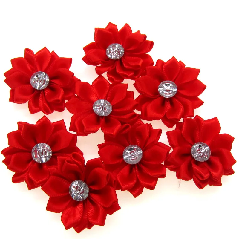 12Pcs Red Satin Ribbon Flowers with Rhinestone Multilayers Fabric