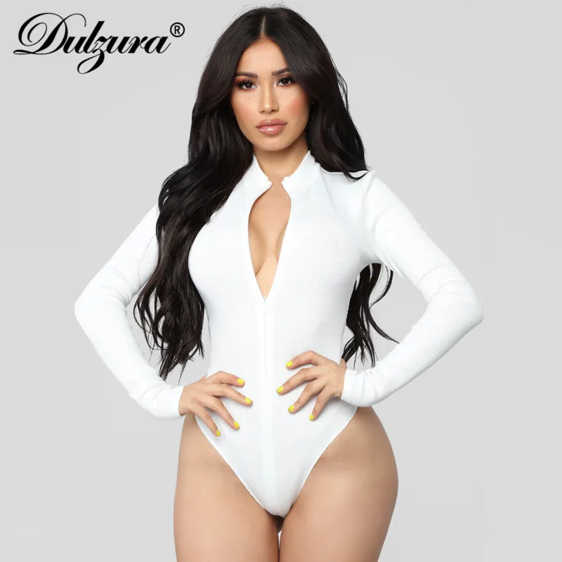 Dulzura ribbed front zipper long sleeve women sexy bodysuit 2020 autumn winter solid skinny streetwear body basic one piece photo