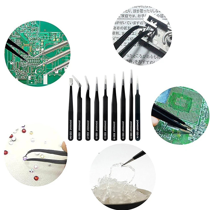 9Pcs ESD Precision Tweezers Tools Kit Anti-static Stainless Steel Tweezers with Storage Bag for Lab Electronics Jewelry