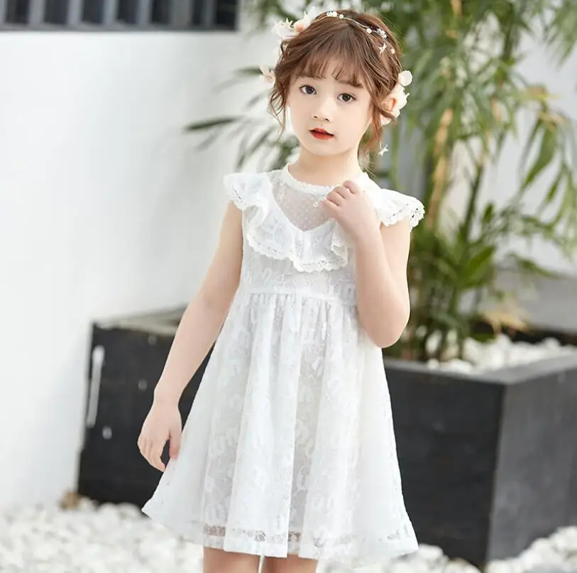 

New 2019 Baby Girls Summer Cotton Lace Ruffles Dress, Baby Children Elegant Dresses Pink Blue White 5 pcs/lot, Free Shipping