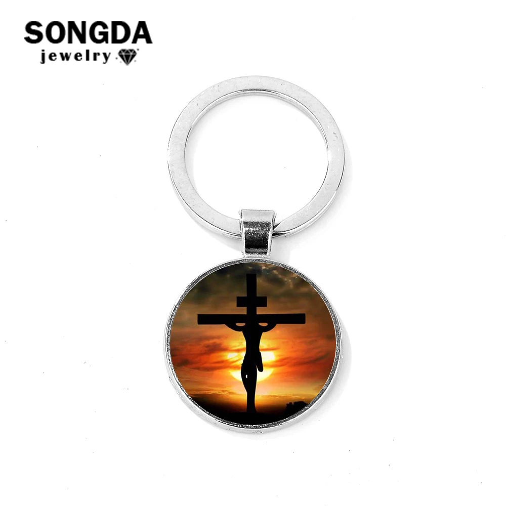 

SONGDA Christian Cross Alloy Keychain Jesus God With US Art Painting Glass Cabochon Handmade Key Ring Car Key Chain Church Gift