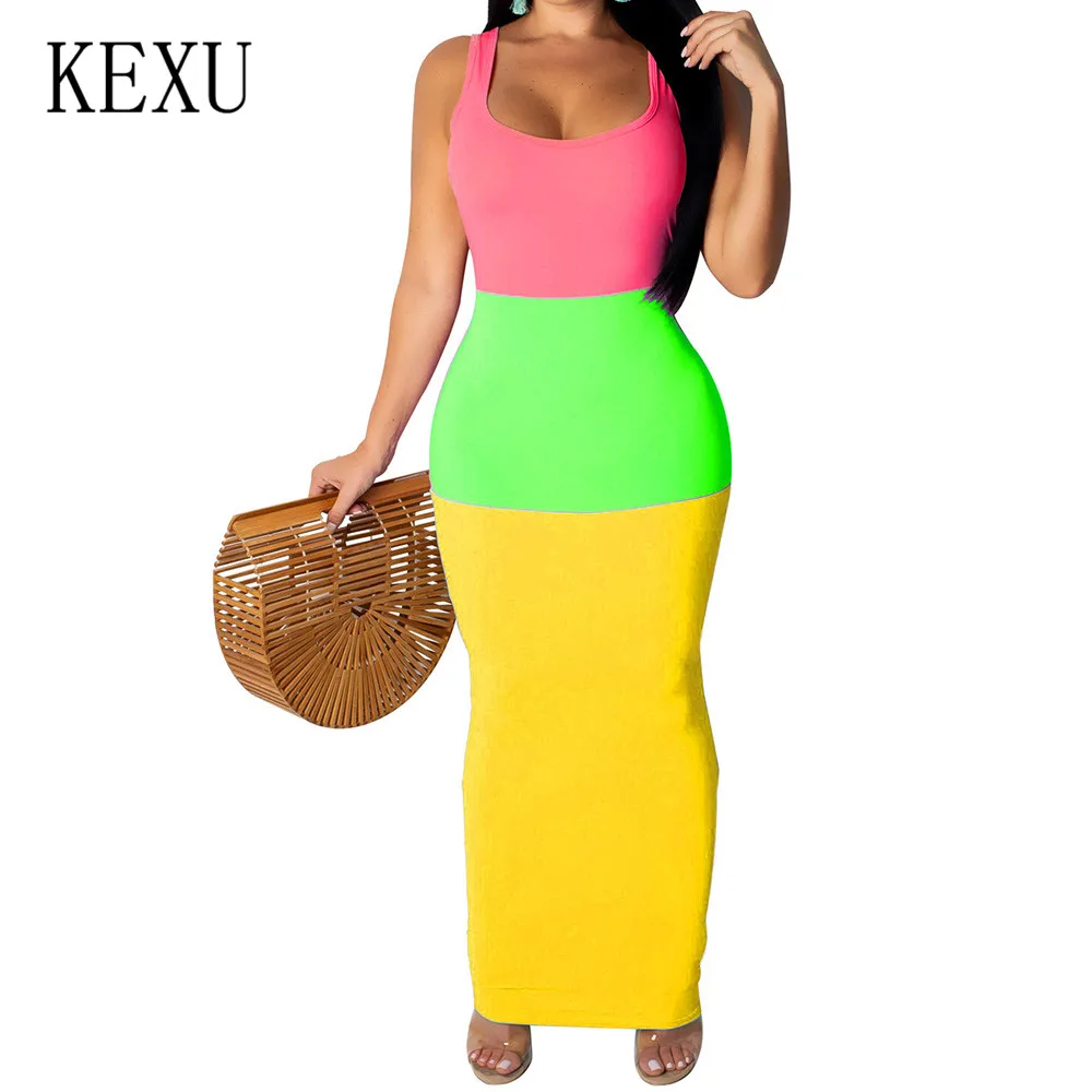 

KEXU Summer 3-color Patchwork Bodycon Bandange Dress Sexy Sleeveless Hollow Out Maxi Slim Dress Women Boho Club Casual Sundress