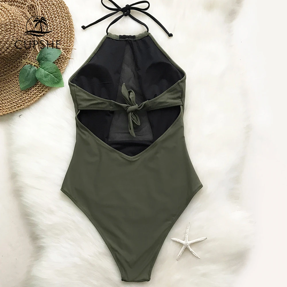 Preise CUPSHE Armee Grün Und Schwarz Mesh Halter One stück Badeanzug Frauen Patchwork Backless Monokini 2020 Mädchen Badeanzug Bademode
