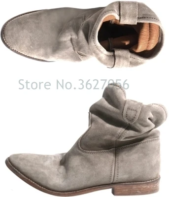 

Round Toe Basic Slip-On Suede Flat Ankle Boots Nubuck Casual Pleated Khaki Grayness Comfortable Women Autumn Winter Shoes