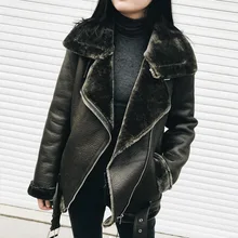 WISHBOP, новинка, высокая мода, Осень-зима, Женская куртка из искусственной кожи, куртка с теплым искусственным мехом, воротник с отворотом, подол, пояс
