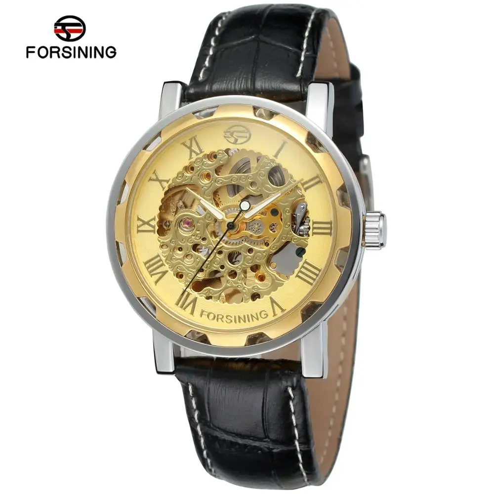 

FORSINING WATCH Hollowed-out Roman Numerals Men's Real Leather Wrist Watch Four Colors Are Available