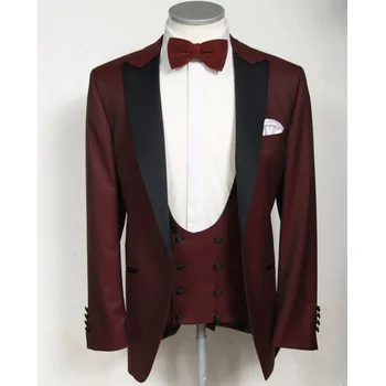 

Slim Fit Gentleman Men Suits for Prom Party Stage Clothes Burgundy Wedding Groom Tuxedos 3 Piece Suit Jacket Pants Vest