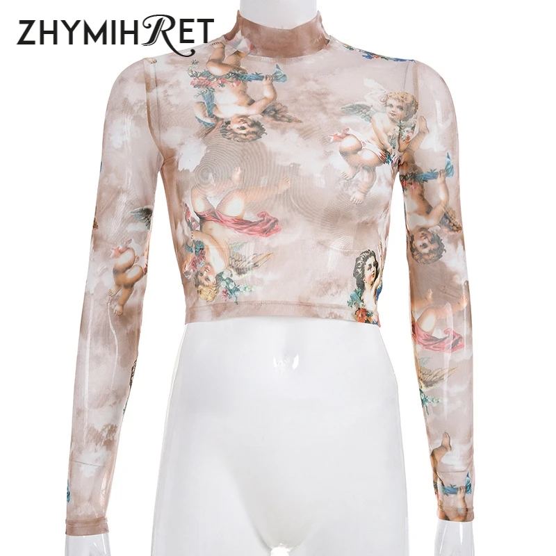 Женская футболка с длинным рукавом zhymifret сетчатый укороченный топ принтом