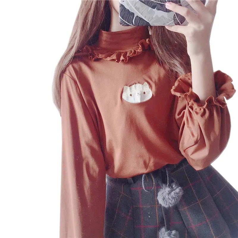 Baratos Sudadera de cuello alto con bordado de gato japonés para mujer otoño Super lindo más terciopelo engrosamiento Harajuku kawaii