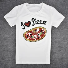 Модная женская футболка Летняя футболка Повседневное хлопок пиццы письма Алмаз печати блесток короткий рукав Футболка с круглым вырезом