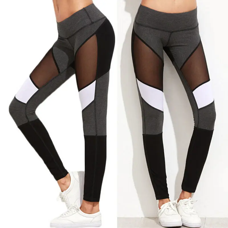 ITFABS Black White Patchwork Women Yoga Pants Sport Leggings solid mesh