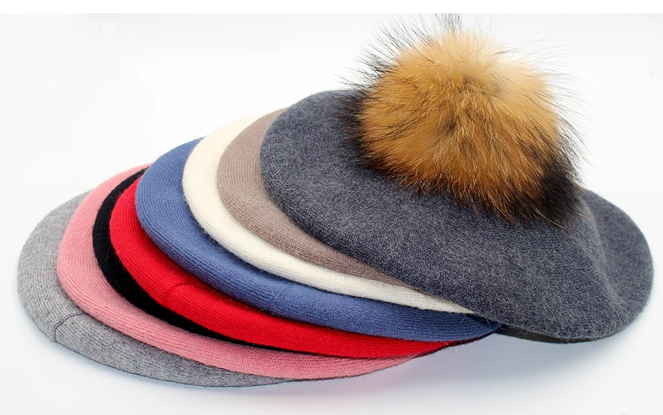 Women Beret Wool Hat Winter Knitted Wool Berets Real Fur Pompom Hats Beanies Female Top Quality Beret Cap (2)