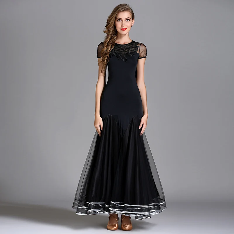 Женское стандартное бальное платье с бахромой, бальные платья для вальса, стандартное вечернее платье, черная современная танцевальная одежда, костюмы для танцев