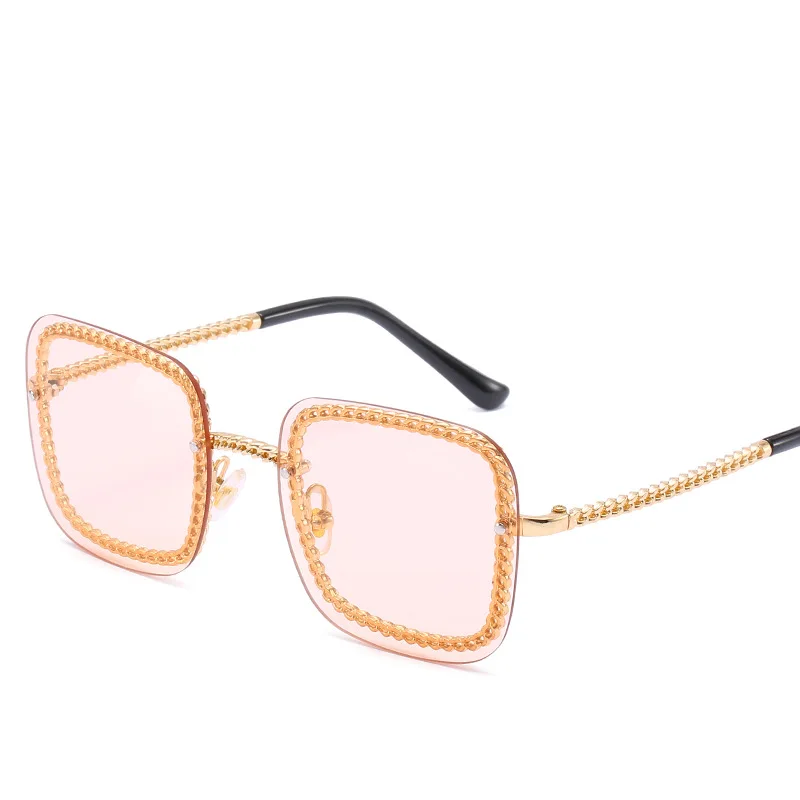 Новинка, индивидуальные Квадратные Солнцезащитные очки для мужчин и женщин, фирменный дизайн, модные трендовые солнцезащитные очки с металлической цепочкой без оправы UV400