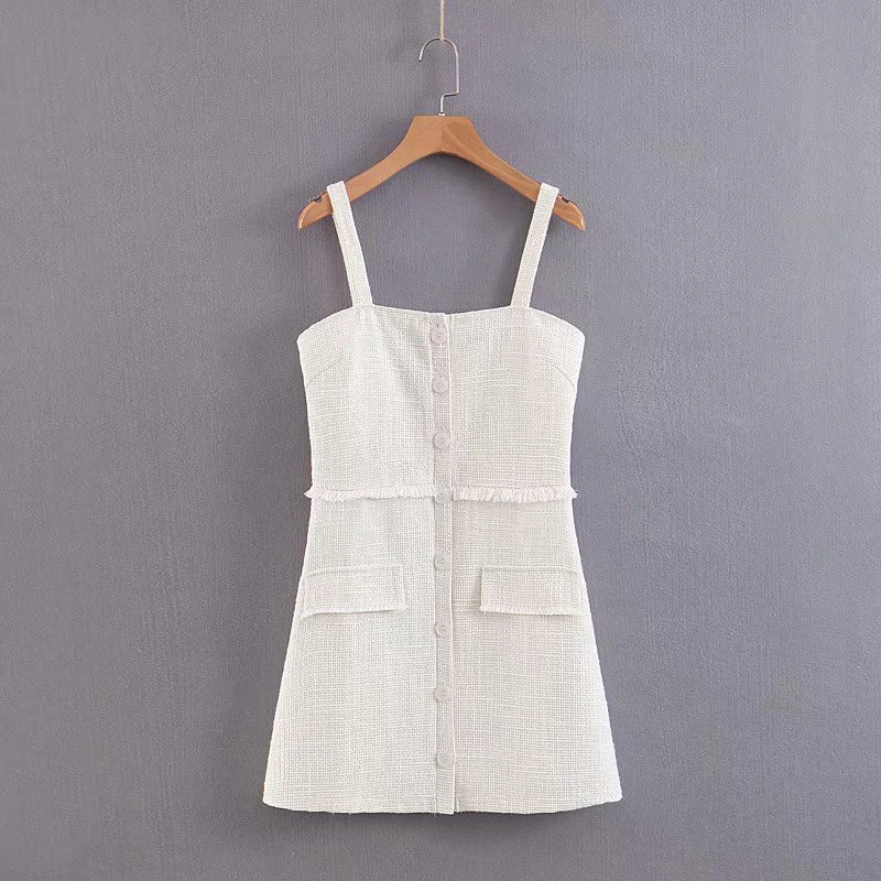 

2019 Women Summer White Tweed Za Mini Dress Female Casual Spaghetti Strap Single Breasted Dresses Lady Party Dress vestidos Femm