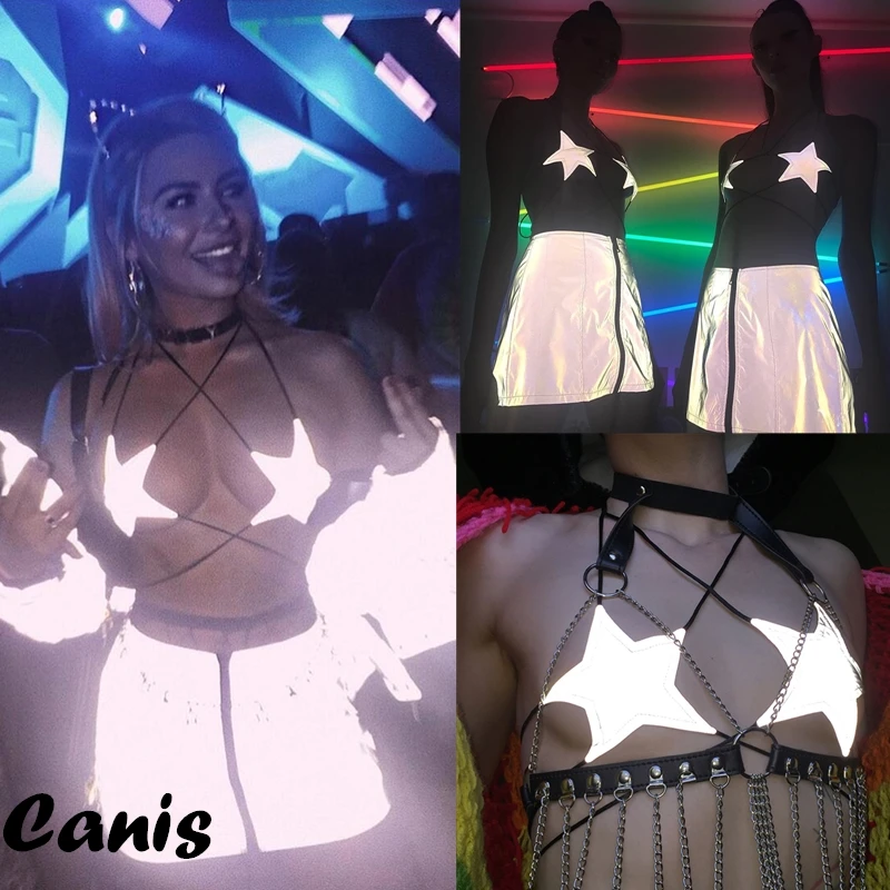 

Thefound Hot Fashion Women Clubwear Bandage Top Ladies Starfish Reflective Female T shirt Night Club