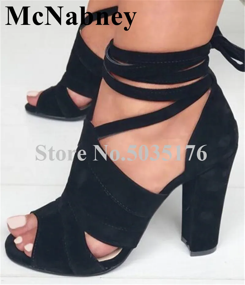 

2019 European Fashion Solid Peep Toe Sandals Cross-tied Strap Ankle Strap High Hoof Heel Lace-Up Cover Heel Sandals Women Shoes