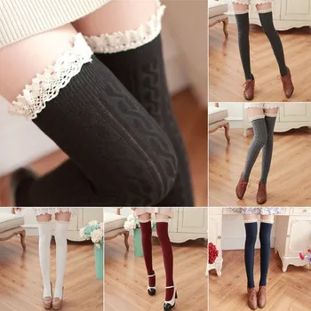 

Fashion Women Girls Stripe Stripy Over The Knee Thigh High Stockings Lace Cotton Patchwork Long Stocking
