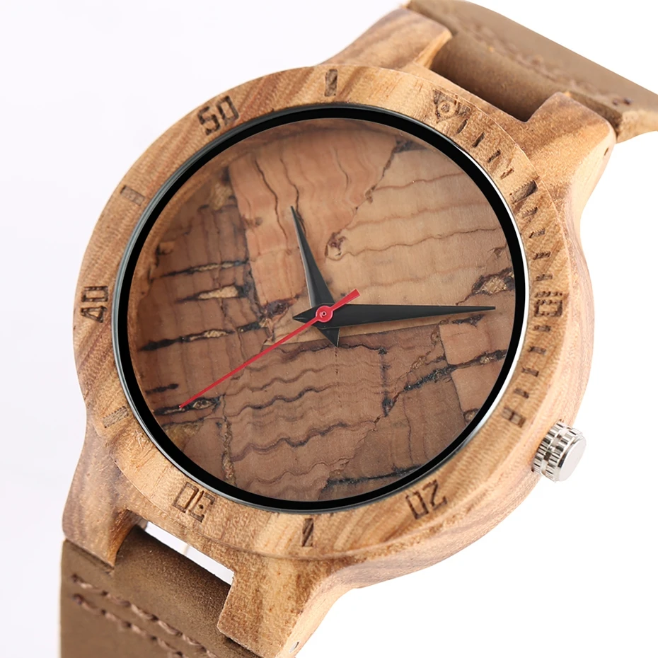 Wooden Watch Men's Unique Cork SlagBroken Leaves Face Dial Zebra Wood Quartz Clock Male Women Genuine Leather Band Wristwatches 2017 Christmas Gifts (18)