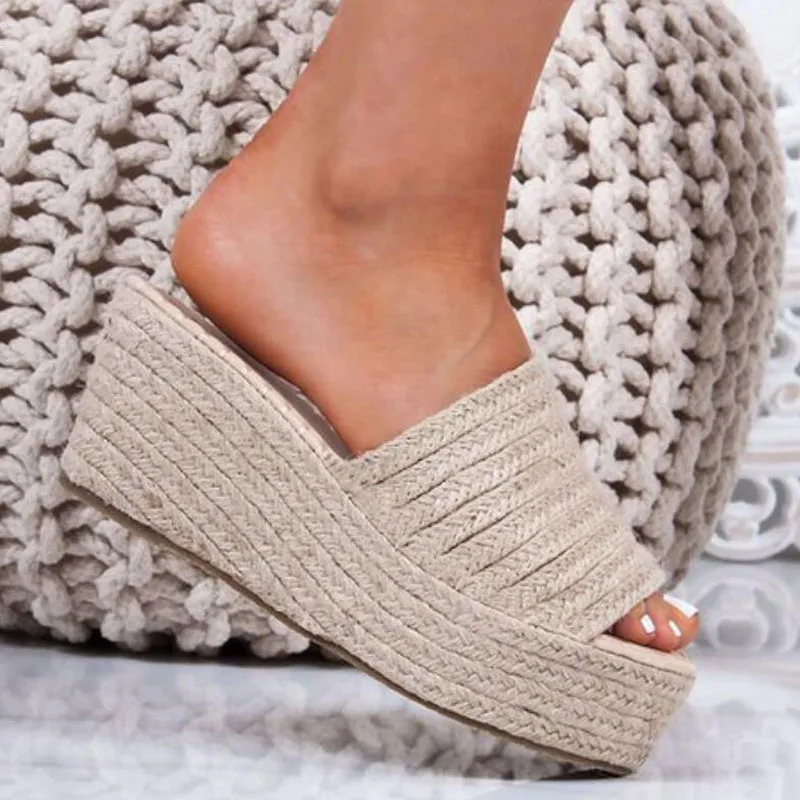 

New platform slippers women summer open toe wedges sandals ladies high heels espadrilles shoes big size black slides flip flops