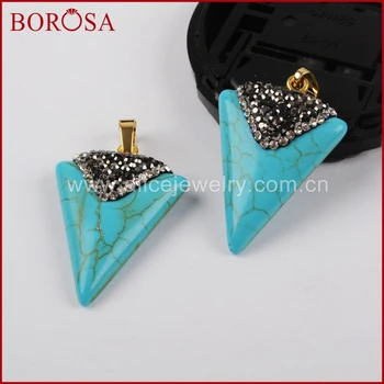 

BOROSA Rhinestone Pave Triangle Blue Howlite Stone Pendant Jewelry,Wholesale Fashion Druzy Drusy Gem Pendant for Neckalce JAB763