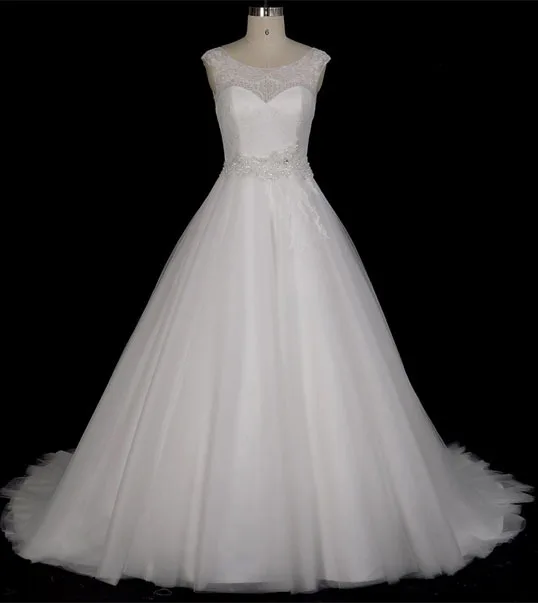 Real Photos Simple Tulle Wedding Dress White Beaded Crystal A Line Ball
