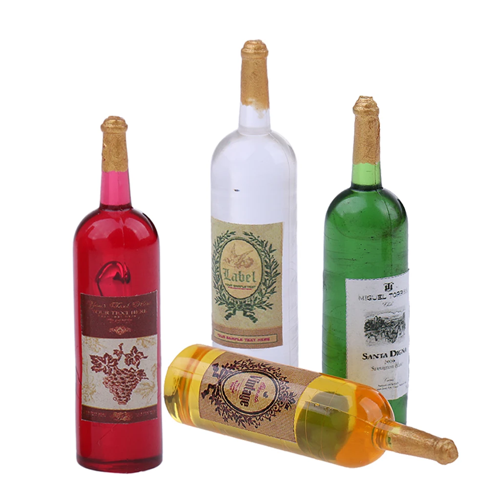 Set of 4 Pieces 1/12 Scale Dollhouse Miniature Wine Bottles Model Foods Groceries for Dolls House Kitchen Decor Accessory