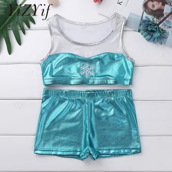 

2Pcs/Set Shiny Girls Ballet Dance leotard Gym Workout SleevelessTankini Outfit Snowflake Embroidery Tank Top with Bottoms Dance