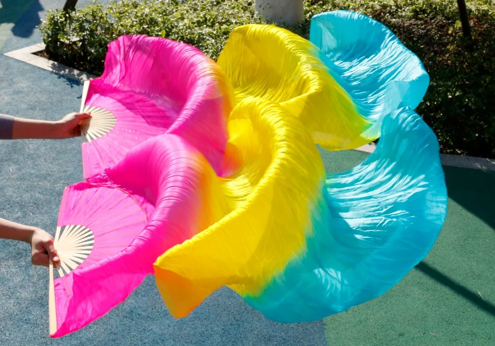 2018 female high quality Chinese silk veils dance fans Pair of belly dancing fans cheap hot sale rose+yellow+turquoise