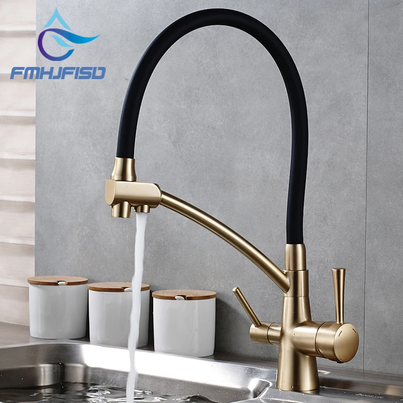 Dual Handle Copper Brushed Chrome Kitchen Faucet Double Spout Pure